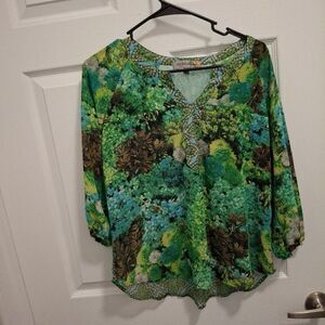 Figueroa & Flower Small Green Multi Sheer V-Neck Floral Print Bohemian Blouse